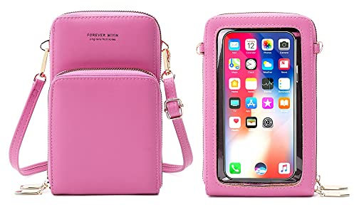 RRANCharltu Sac à Bandoulière pour Téléphone Portable Femmes Sac à Ecran Tactile Cuir PU Pochette Portefeuille Femme Porte Cartes avec Bandoulière et Dragonne (Rose Lourd)
