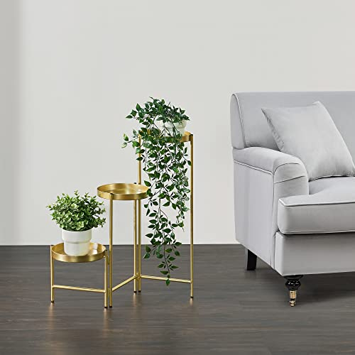 [en.casa] Supporto per Piante con 3 Sottovasi - Costruzione Pieghevole - Struttura a 3 Livelli, Salvaspazio - Color Ottone