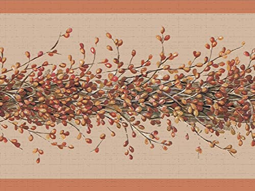 Dundee Deco DDAZBD9342 Peel and Stick Wallpaper Border - Nature Orange Red Vines Wall Border Retro Design, 15 ft x 7 in (4.57m x 17.78cm), Self Adhesive