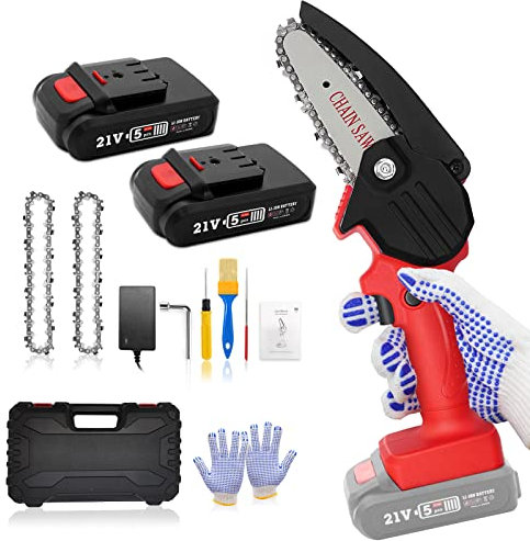 Mini Motosega a Batteria Portatile, Awardroom 4 Pollici Sega a Batteria per Potatura con Caricatore, Motosega Elettrica Per il Giardinaggio, Con 2 Batterie 3 Catene