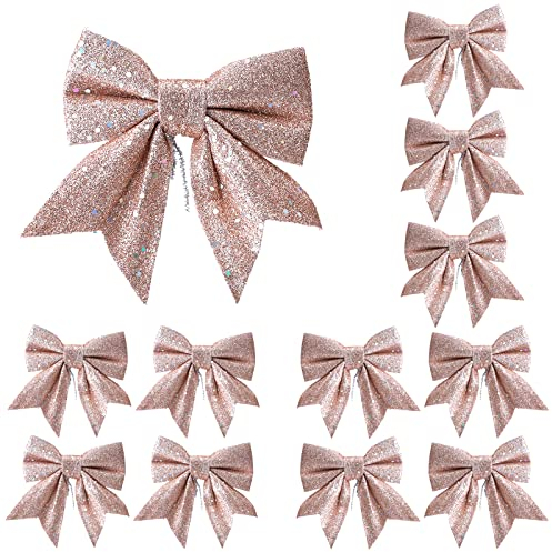 12pcs Glitter Christmas Bows, Rose Gold Bows for Christmas Tree, 5.5in Wreaths Bows Xmas Bow Decorations, Sequin Bow Ties Rose Gold Christmas Bows for Xmas Tree Wreaths Garland Gift Wrapping Decor