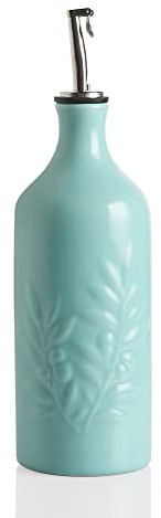 Sweejar Ceramic Olive Oil Dispenser Bottle, 20 Oz Relief Design EVOO Oil and Vinegar Dispensing Bottle with Spout for Kitchen, Set of 1 (Turquoise)