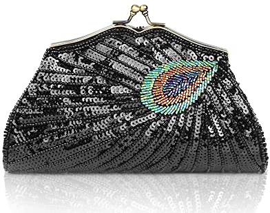BABEYOND 1920er Jahre Flapper Pfau Clutch – Gatsby Pailletten-Abend-Handtasche mit Perlen für Abschlussball, Cocktailparty, Schwarz, Einheitsgröße