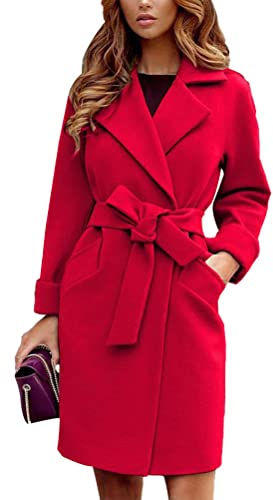 shownicer Damen Mantel Elegant Lang Wollmantel Mode Langarm Umlegekragen Einfarbig Trenchcoat Warme Outwear Herbst Winter Jacke mit Gürtel A Rot L
