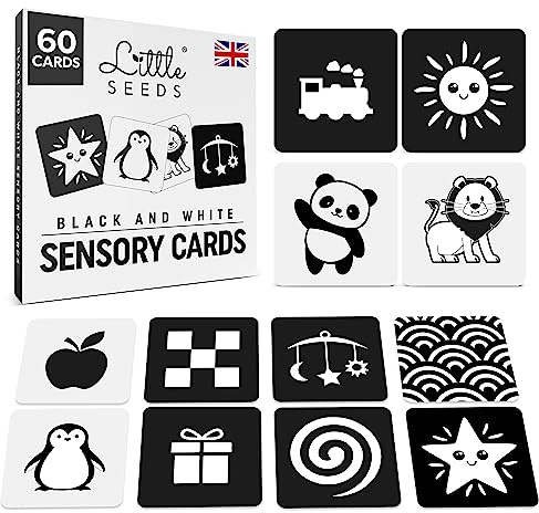 Newborn Essentials Black and White Baby Sensory Cards 60 High Contrast Baby Flash Cards Visual Skills and Stimulation for Newborn Babies 0-3 Months - UK Brand