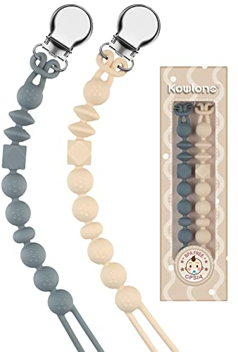 Kowlone Attache Sucette Silicone Soothie Tétine Clips Porte Accroche Chaîne pour Garçons et Filles Douche de Bébé 2pcs(Beige,Gris)