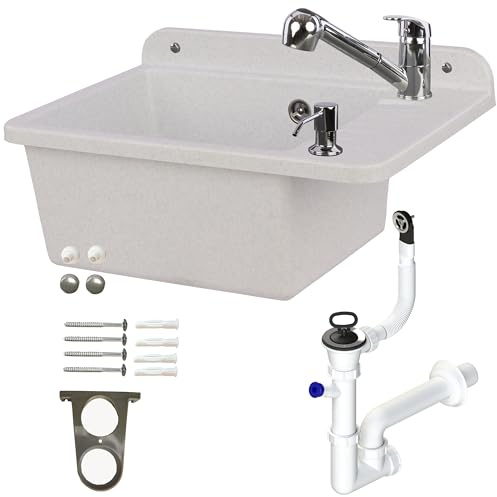 Lavandino lavandino 51 cm, bianco granito polistirolo, lavello con rubinetto estraibile, con troppopieno, dispenser di sapone a sifone