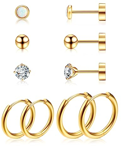 Dochais 5 Paar Ohrringe Gold Set für Damen Titan Ohrringe Stecker Creolen Set Hypoallergene Zirkonia Opal Ball Ohrstecker Knorpel Helix Couch Piercing Ohr für Mädchen Frauen 10mm 12mm
