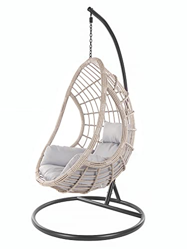 KIDEO Komplettset: großer Hängesessel mit Gestell & Kissen, Poly-Rattan, grau-beige (Kissen: grau Nest (8008 Cloud))