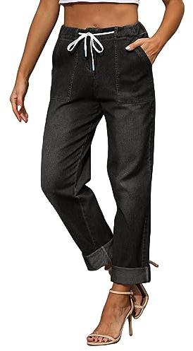 Pantalones vaqueros de pierna recta para mujer, cintura elástica, pantalones largos de mezclilla con cordón, informales, sueltos, Negro , L