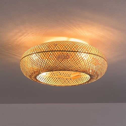 SanBouSi Deckenventilator mit Beleuchtung Antike Bambus Deckenlampe Retro Kreative Rattan Lampenschirm Kronleuchter E27 Handgewebte Fan Deckenleuchte mit Fernbedienung