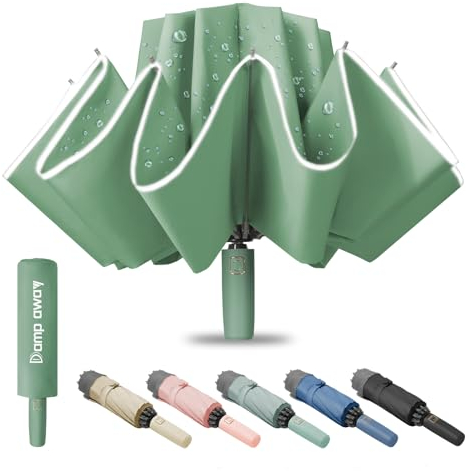 Damp away Kompakter Reiseschirm, tragbarer umgekehrter faltbarer Autoschirm, großer winddichter und wasserdichter umgekehrter Regenschirm, automatisch, 10 Rippen, grün