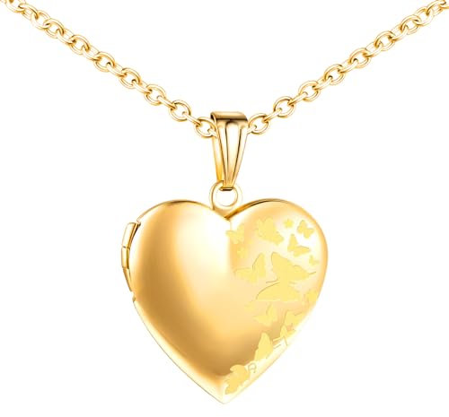 MICMIF Edelstahl Bilder Medaillon Personalisierte Kette Herz Anhänger mit Schmetterlinge Foto Halskette | Kette Damen Amulett Medaillon für 2 Bild Halskette für Mama Freundin & Frauen