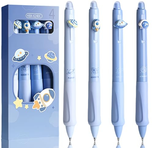 Radierbarer Kugelschreiber Stifte Set mit 4 Stift Planeten Astronaut Space Rakete - Kugel am Ende zum Entfernen der Tinte - Kugelschreiber Blau - Durchmesser der Mine 0,5 - Kugelschreiber Radierbar