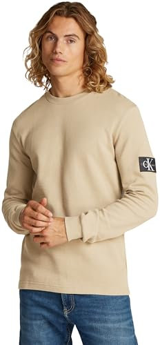 Calvin Klein Men’s Badge Cotton Waffle Long Sleeve Top, Beige (Tree House), M