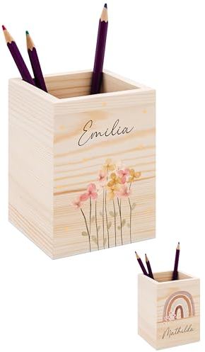 Bärenfreunde® - Personalisierter Stiftehalter Kinder aus Holz - Kreativer und praktischer Schreibtisch-Organizer Kinder mit Namen - Perfektes Einschulung Geschenk und Geburtstag (Blumen Punkte)