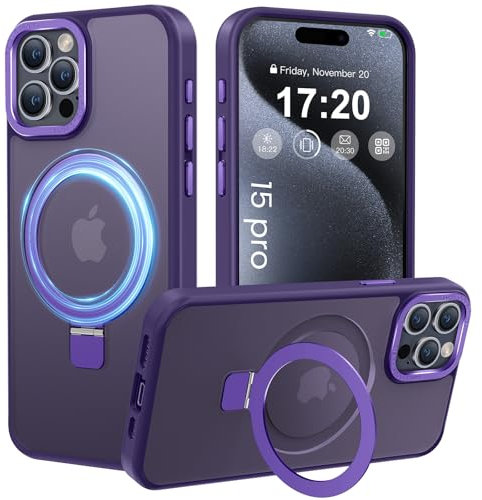 PuyaTeya Cover Magnetica cover per iPhone 15 pro,con Mag-Safe Supporto ad Anello, protezione militare contro le cadute, custodia traslucida opaca antigraffio/impronte digitali(viola scuro)