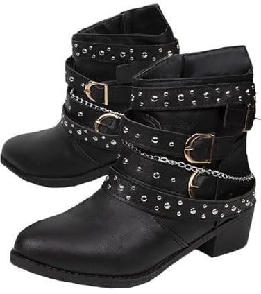 Agiyenna Damen Winter Stiefeletten mit Nieten Freizeit Herbst Winter Lederstiefel Elegant Retro Casual Stiefel mit Blockabsatz Bequeme Einfarbiger Biker Boots mit Schnalle