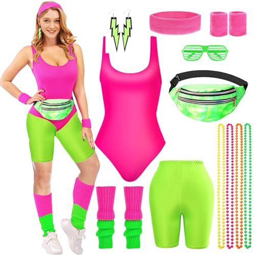 80er- und 90er-Jahre-Outfit für Damen, 80er Disco-Kostüm mit Tanktop, künstlerischen Leggings, Bauchtasche, Beinwärmer, Haarband, Brille, Halskette und Ohrringe, für 80er Jahre, Thema, Karneval, Damen