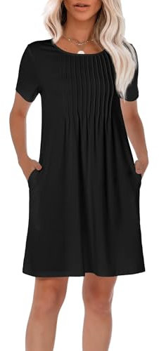 GRECERELLE Womens Summer Mini Dress Casual Short Sleeve Crew Neck Pleated Dresses with Pocket for Ladies (Black, M)