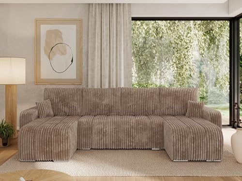 MKS MEBLE Sofa mit Schlaffunktion - Ecksofa - Couch - Schlafsofa - Bettsofa - Schlafsofa mit Bettkasten - Kirasso U -Braun Cord