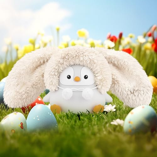 UNEEDE Pinguin Nachtlicht, Nachtlicht Kinder Stilllicht, Silikon Nachttischlampe, Osternachtlicht mit Hasenohren, Aufladbar Touch LED Dimmbar Tischlampe, Geschenk für Oster(Sitzendes Haltung)