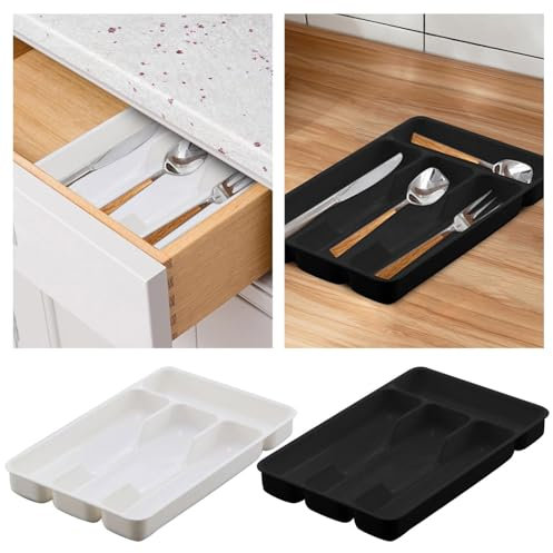 WKAYsIV Small Cutlery Tray, Drawer Organiser with 4 Compartments, Plastic Kitchen Drawer Insert, Practical Drawer Organiser for Kitchen Accessories, Utensils and Cutlery (Black-2pcs)