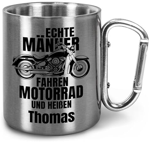 True Statements Edelstahltasse 330ml mit Karabiner personalisiert „Echte Männer fahren Motorrad und heißen ...“ – Motorrad Geschenke für Männer – Vatertag (Männer, Griff Silber)