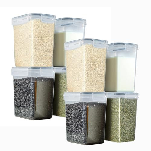 8pcs Cereal Storage Container Sets 1.4L Airtight Dry Food Dispenser Containers Stackable Kitchen Storage Boxes Plastic Pantry Organization with Lock Lids Leakproof for Flour Sugar Pasta