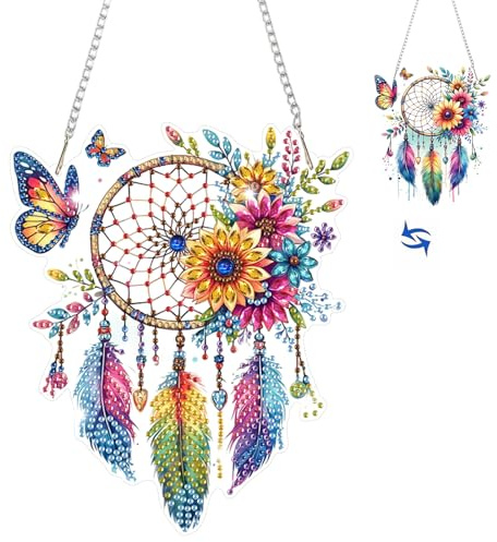 HEIBAGO Diamond Painting Fensterbilder Für Erwachsene, 5D Traumfänger Besonders Geformt Diamond Painting Anhänger mit Kette, DIY Cross Kristall Schmetterling Hängend Diamond Art Bilder für Wanddekor
