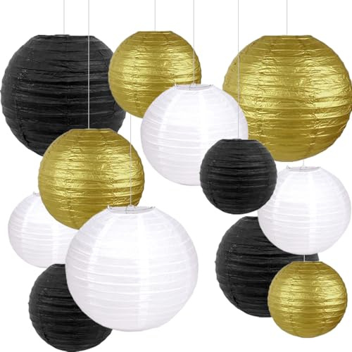 Papier Laternen Set Schwarz Gold Weiß Party Deko Silvester Neujahr Lampions Rund Papierlaterne zum Aufhängen - Verschiedene Größen 15 20 25 30 cm 12 Stück
