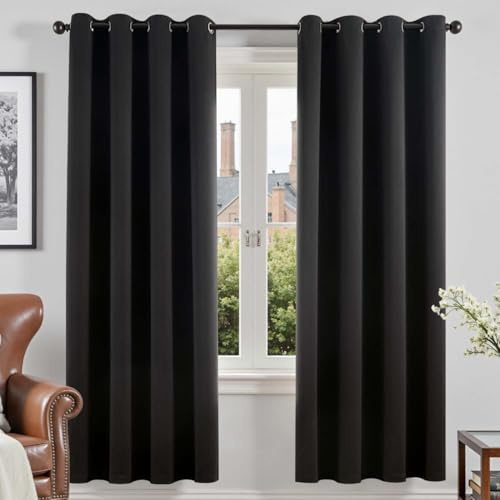 Vangao Verdunklungsvorhänge mit Ösen Blickdicht H200xB140cm 2er Set Schwarz | Blackout Curtain Black, Verdunklungsvorhänge Lichtundurchlässig 200 cm lang, Gardinen Wohnzimmer Schlafzimmer Kinderzimmer