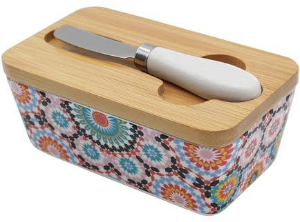 Beurrier en Porcelaine avec Couvercle en Bois et Couteau à Beurre, Grande Capacité 350 ml, Boîte à Beurre Multifonction, Style Bohème, Beurrier Hermétique pour Cuisine et Maison
