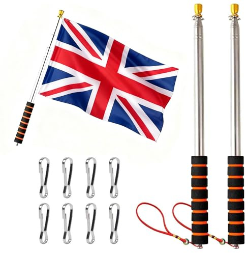 Toumdafine 2er-Pack 3M Edelstahl Teleskop-Fahnenmast, tragbarer Hand-Fahnenmast mit 8 Fahnenmast-Clips, für Reiseleiter, Lehrer, Camping, Reisen, Wettbewerbe