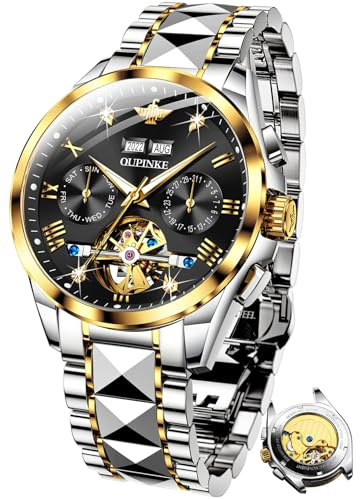 OUPINKE Herrenuhren Automatik Mechanisch Selbstaufzug Skelett Luxus Saphirkristall Diamant Wolframstahl Wasserdicht Business Kleid Uhren Geschenke