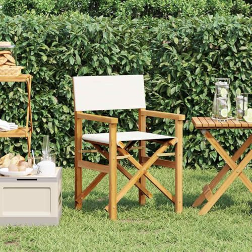 Holamys Regiestuhl Klappbar Creme Massivholz Teak, Gartenstuhl Faltbar, Balkonstuhl Outdoor, Robuster Loungesessel mit Armlehnen für Terrasse und Camping, 57x54,5x85 cm