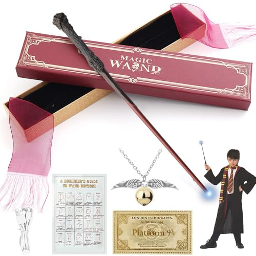 Harry P-otter Baguette lumineuse Harry 38 cm Baguette magique phosphorescente avec chargement USB dans un coffret cadeau avec carte de sort, ticket de station, collier, sculptée à la main H-arry