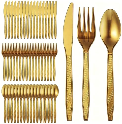 Set de Couverts Réutilisables 120 Pièces, 40 Fourchettes, Couteaux et Cuillères, Couverts de Fête en Or, pour Mariage, Camping, Pique-nique