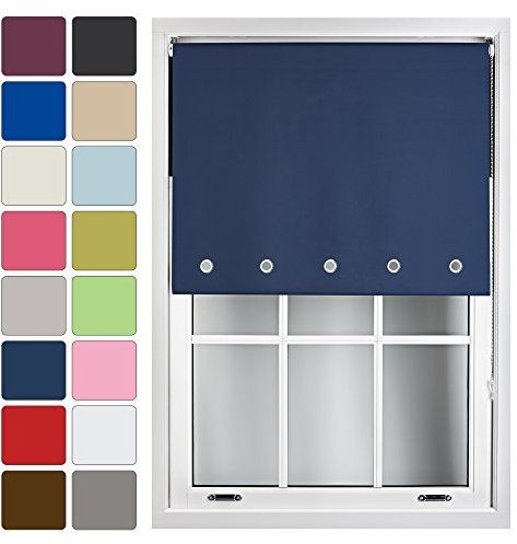 FURNISHED Blackout Roller Blinds for Windows with Round Eyelets Black Out UV Protection Custom Made to Measure, Navy Blue, 180W x 210H cm