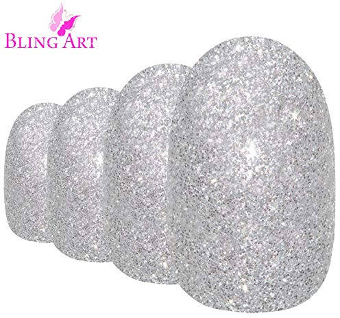 Bling Art Oval False Nails Gel Glossy Glitter French Manicure Fake Medium Tips with Glue (Ariana Gel)