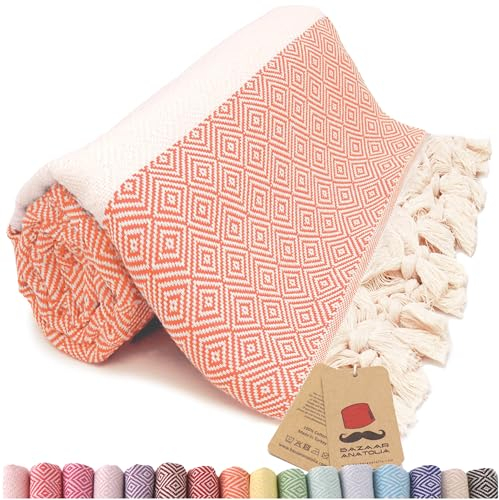 Bazaar Anatolia Hamamtuch Strandtuch Saunatuch 100% Baumwolle Badetuch Groß 185x100 cm Orientalische Deko Decken Boho Sauna Yoga Diamant (Orange)