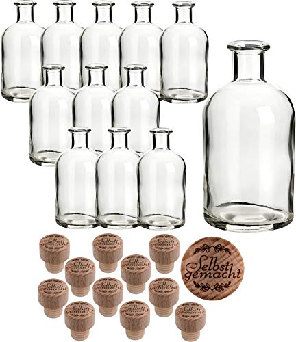 gouveo 12er Set Glasflasche 250 ml Apotheker mit Holzgriffkorken Selbst gemacht I - Leere Flasche mit Korken zum Befüllen - Kleine Apothekerflaschen, Likörflaschen, Ölflaschen