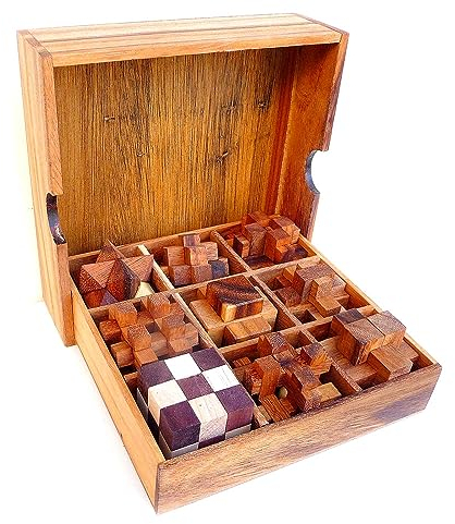 Logica Spiele Art. Holz Set 9 in 1 - Denkspiele aus Edlem Holz - 3D Denkspiele Set - Knobelspiele - Leonardo da Vinci Kollektion