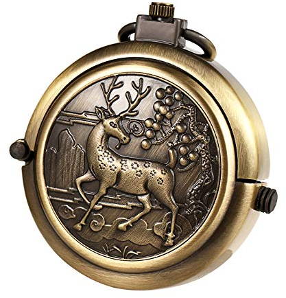 TREEWETO Unisex Taschenuhr mit Kette Analog Handaufzug Mechanisch Pull-Sonderform Hirsch Groß Hohl Fall Bronze