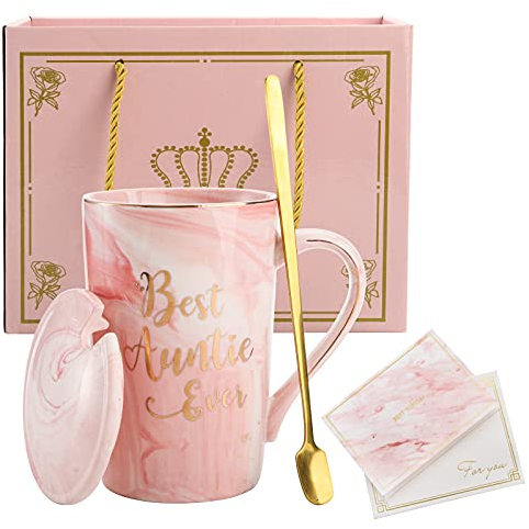 Hedume Best Auntie Ever Mug, 12 Oz Pink Marble Ceramic Coffee Cup with Gifts Box and Greeting Card, Aunt Gifts from Niece and Nephew, Funny Birthday Presents for Aunty