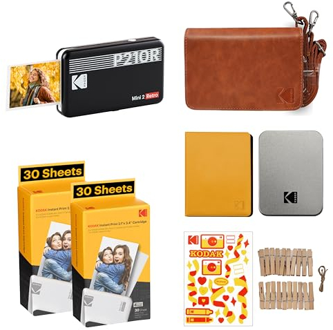 Imprimante photo portable KODAK Mini 2 Retro 4PASS (5,3 x 8,6 cm) + paquet d'accessoires et 68 feuilles, noir
