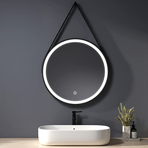 Heilmetz Espejo de baño led, diámetro 60 cm, Espejo Redondo con Cuerda, Espejo de baño Redondo Espejo de Pared con Interruptor táctil