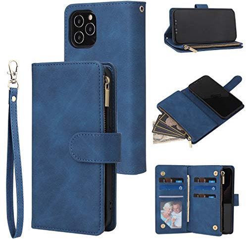 QLTYPRI Case for iPhone 12/iPhone 12 Pro, Large Capacity Leather Wallet Case 6 Card Holder & 1 Zipper Pocket Kickstand Wrist Strap Magnetic Protective Cover for iPhone 12/12 Pro (6.1 Inch) - Blue