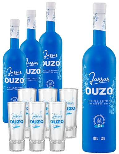 Jassas Ouzo 40% 4x 0,7l + 6 Gläser | Besonders mild | Limited Edition | Älteste Ouzo Destillerie der Welt 1856