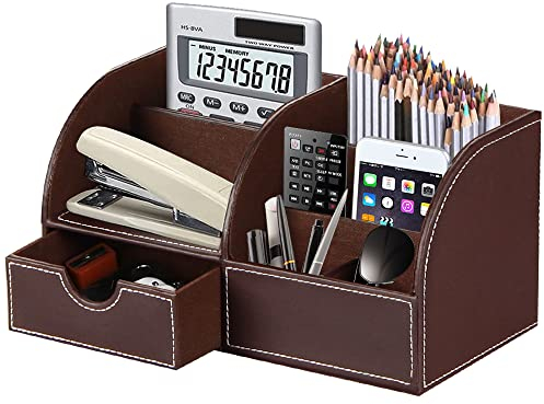 PUSU Büro Schreibtisch Organizer Leder, Multifunktions Schreibtisch Organisator mit Schublade,Stifthalter,Briefablage,Schreibwaren Set,für Visitenkarten, Stifte, Handy, Fernbedienung,Bürobedarf